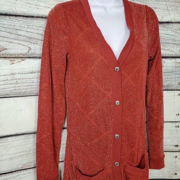 BKE Red Women’s Metallic Rust Shimmer Longline Cardigan Sweater Size Medium - Picture 3 of 7